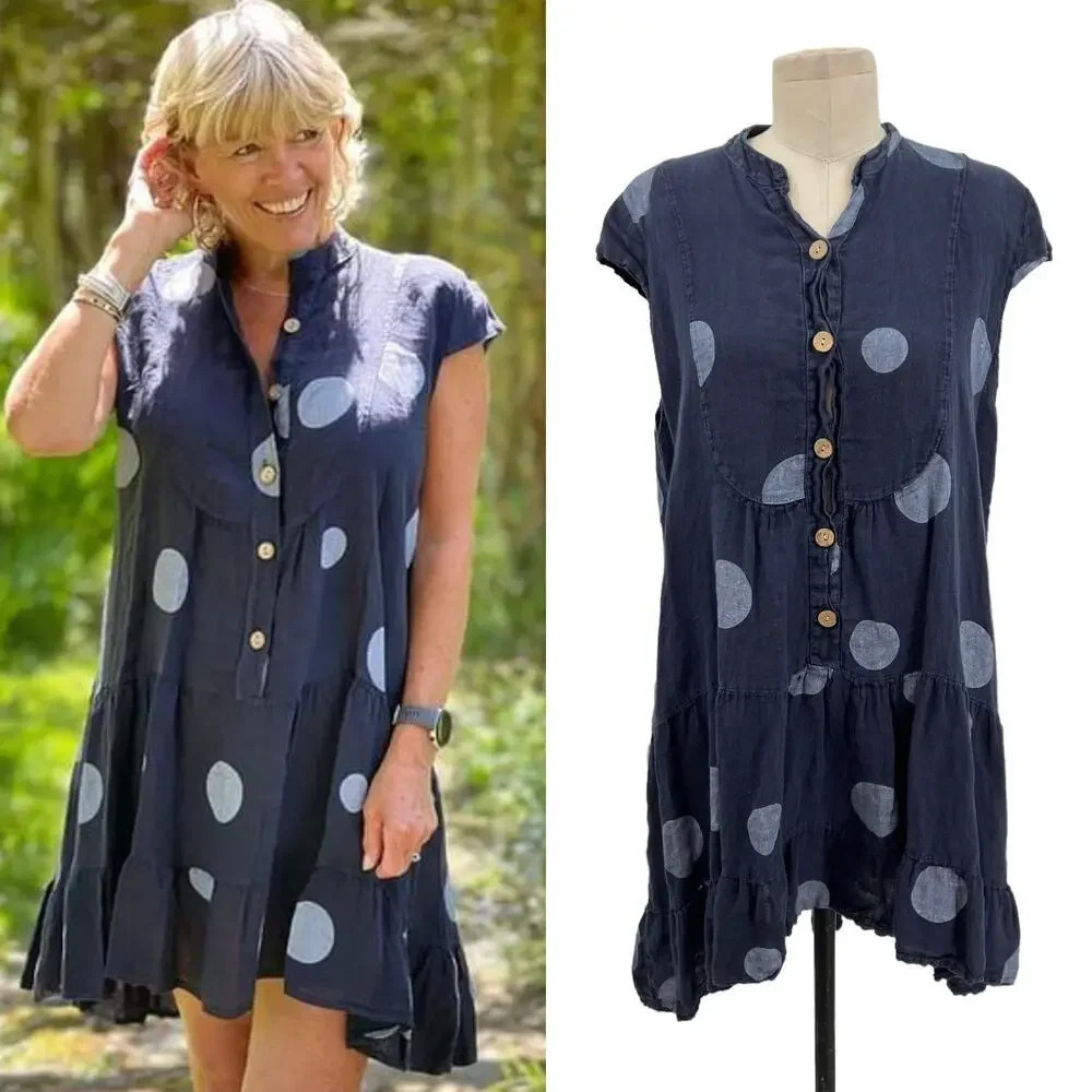 Puro Lino Navy‎ Blue Polka Dot Linen Tunic Dress Lagenlook One Size